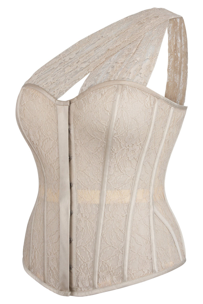 Emmeline Champagne Satin And Lace Overbust Corset With One Shoulder De