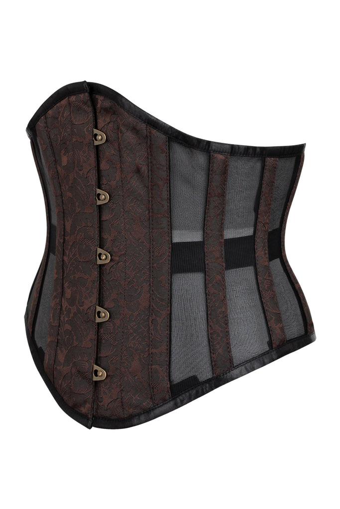 Brown Brocade Underbust Corset with Mesh Panels