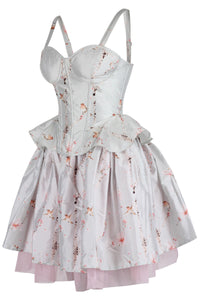 Frosted Blossom Corset & Skirt Set with Soft Pink Bird Print