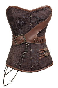 Steampunk-Inspired Brown Brocade Longline Overbust Corset with Faux Leather Accents