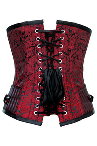 Red and Black Brocade Underbust Corset with Swing Hook Closure and Striped Panels