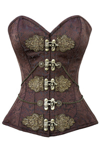 Ornate Brown Brocade Overbust Corset with Antique Brass Appliqués and Swing Hooks