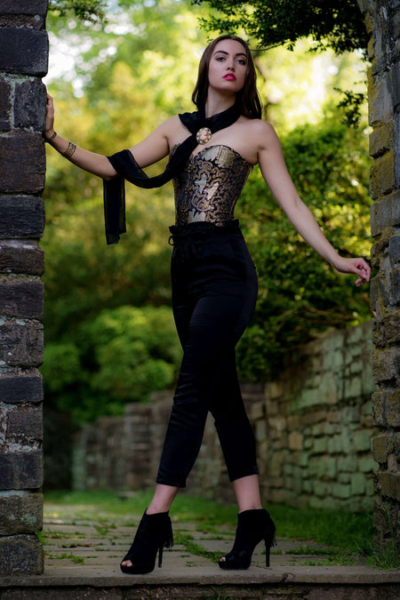 Black With Gold Brocade Pattern Longline Overbust With Hooks