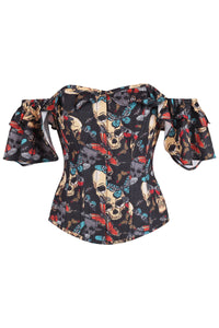 Butterfly and Skull Print Corset Top With Frilled Sleeve