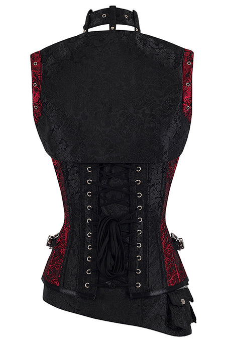 Red and Black Brocade Steampunk Overbust Corset with Swing Hooks and Shrug