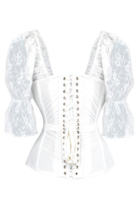 White Mesh Overbust Bridal Corset with Lace Sleeves