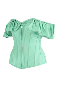 Mistletoe Green Cotton Corset Top with Frill Sleeves