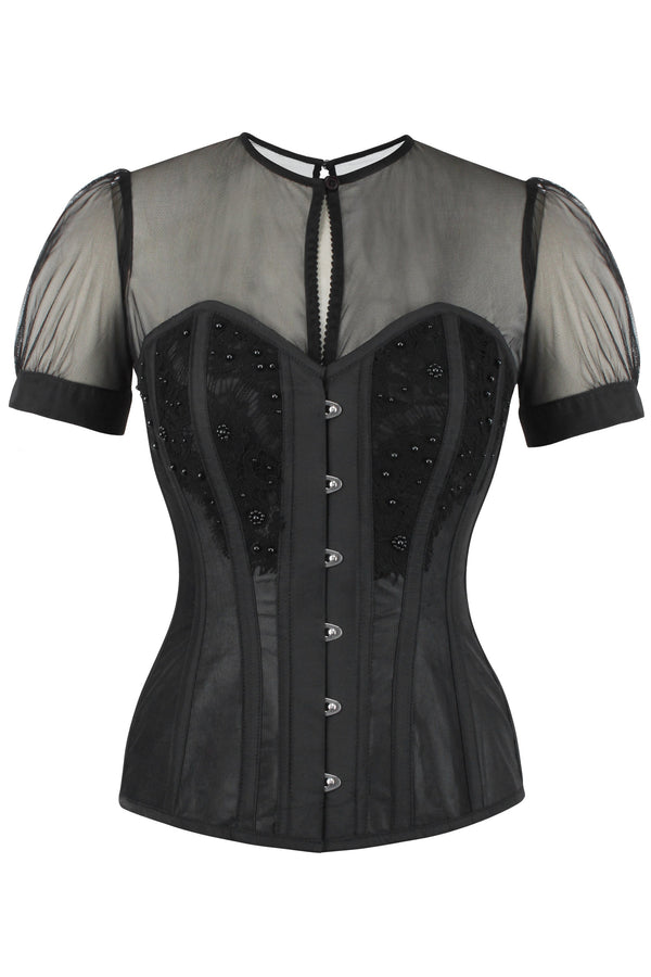 Black Satin Overbust Corset with Shoulder Straps and Zip