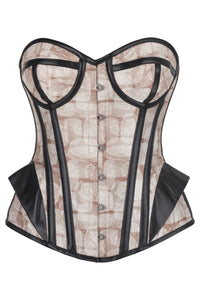 Monochrome Grid Print Faux Leather Trim Corset