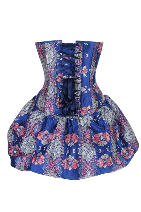 Royal Sapphire Corset Dress with Pink Floral Accents