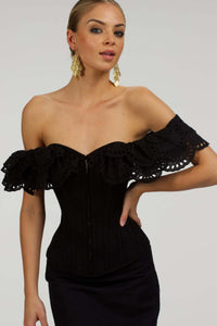Gladiolus Black Linen Corset Dress with Puff Sleeves