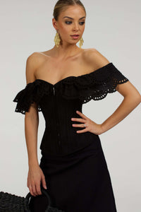 Corset Story SC-036 Alyssum Black Broderie Anglaise Cotton Corset Top with Double Frill Sleeves