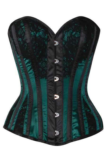 Long sleeve Green and Black Brocade Corset Top with Chiffon Sleeves