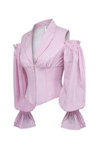 Corset Story BC-069 Pale Pink Corset Top with Front Zip and Long Sleeves