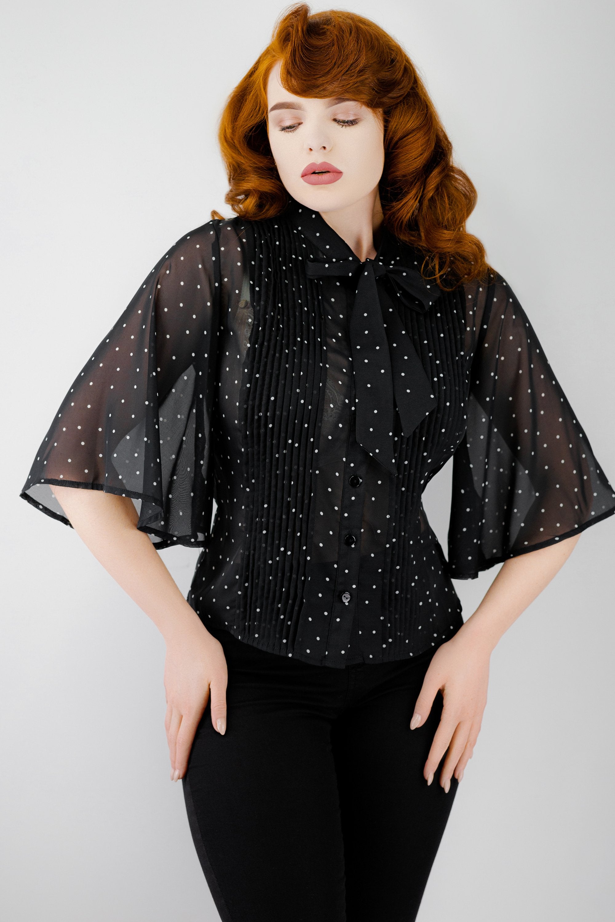 Black Pleat Polka Dot Blouse with Wide Sleeves