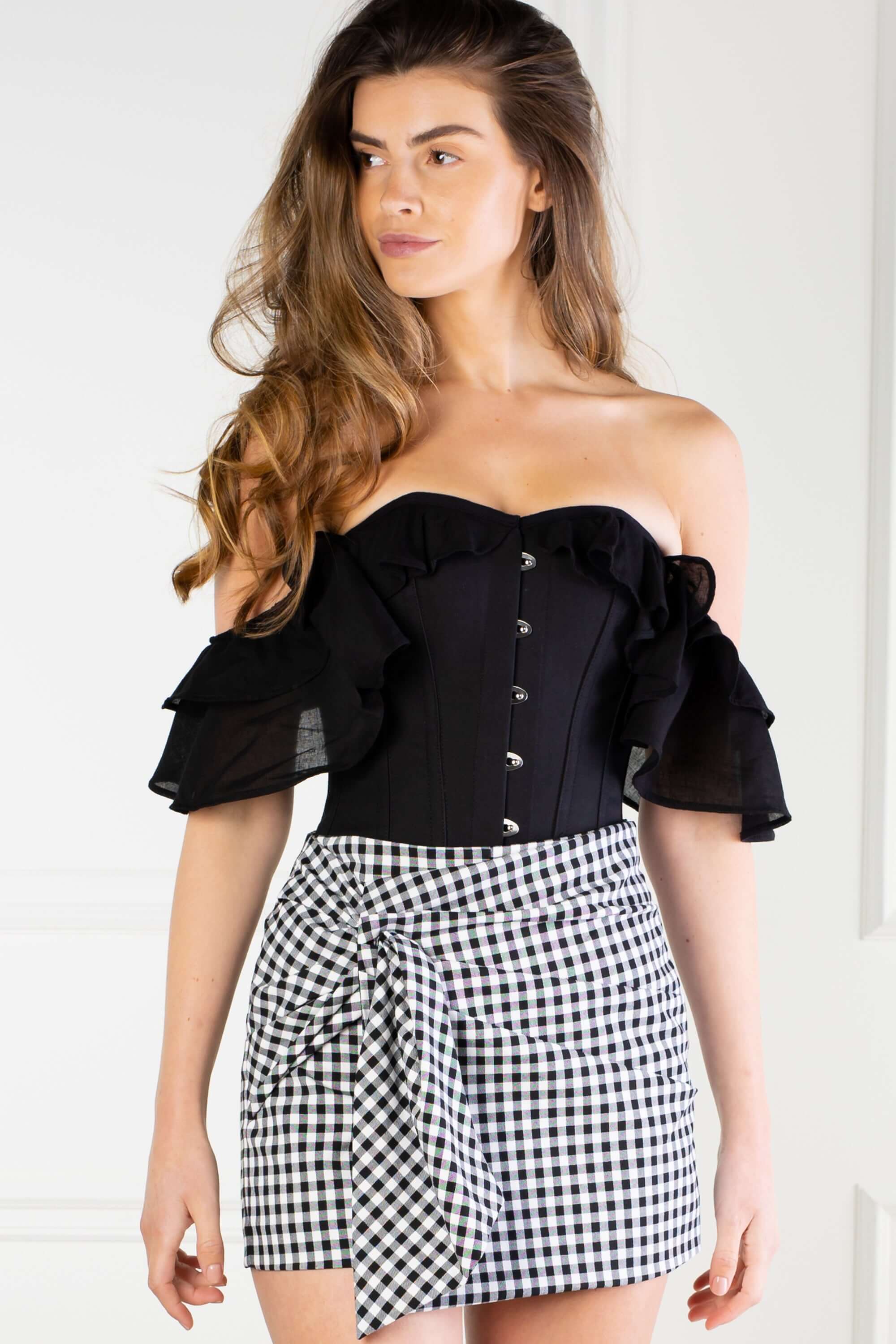 Yellow and Black Contrast Gingham Corset Top With Bardot Sleeve