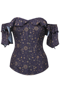 Corset Story CSFT160 Mystic Galaxy Indigo And Gold Corset Top With Frilled Sleeve