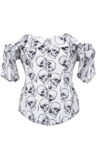 Corset Story CSFT168 White And Grey Skull Gothic Corset Top With Frilled Sleeve