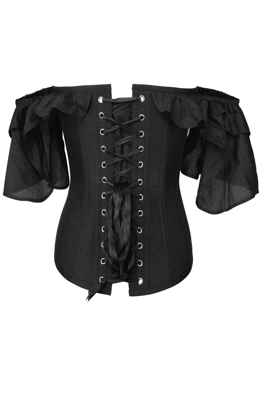 Black Satin Corset Top With Waterfall Sleeves