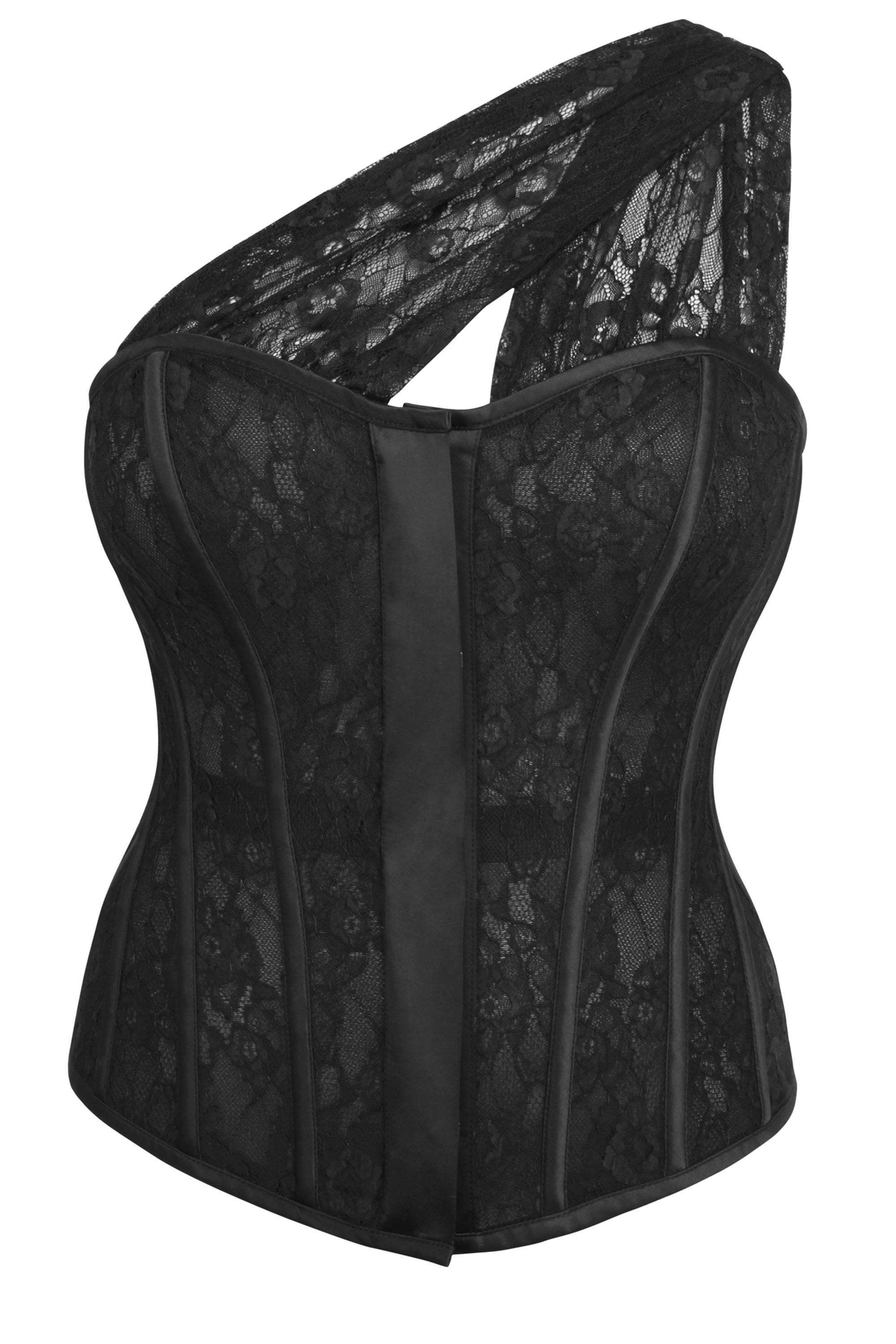 Emmeline Black Satin And Lace Overbust Corset With One Shoulder Detail