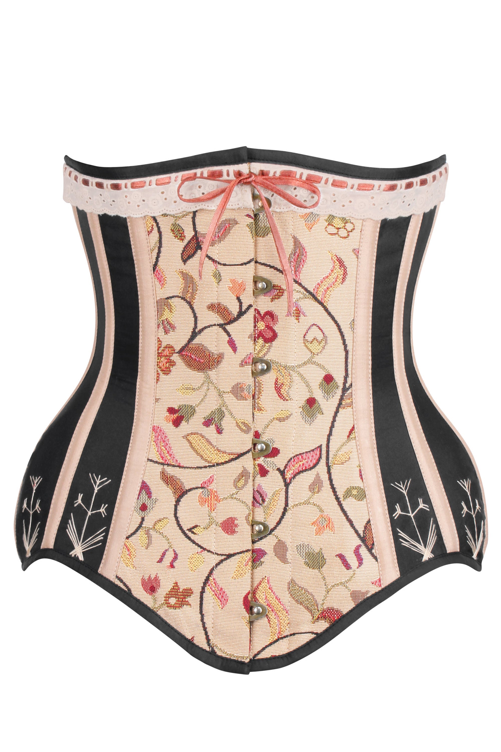 Black Brocade Overbust Corset with Front Zip and Button Detailing